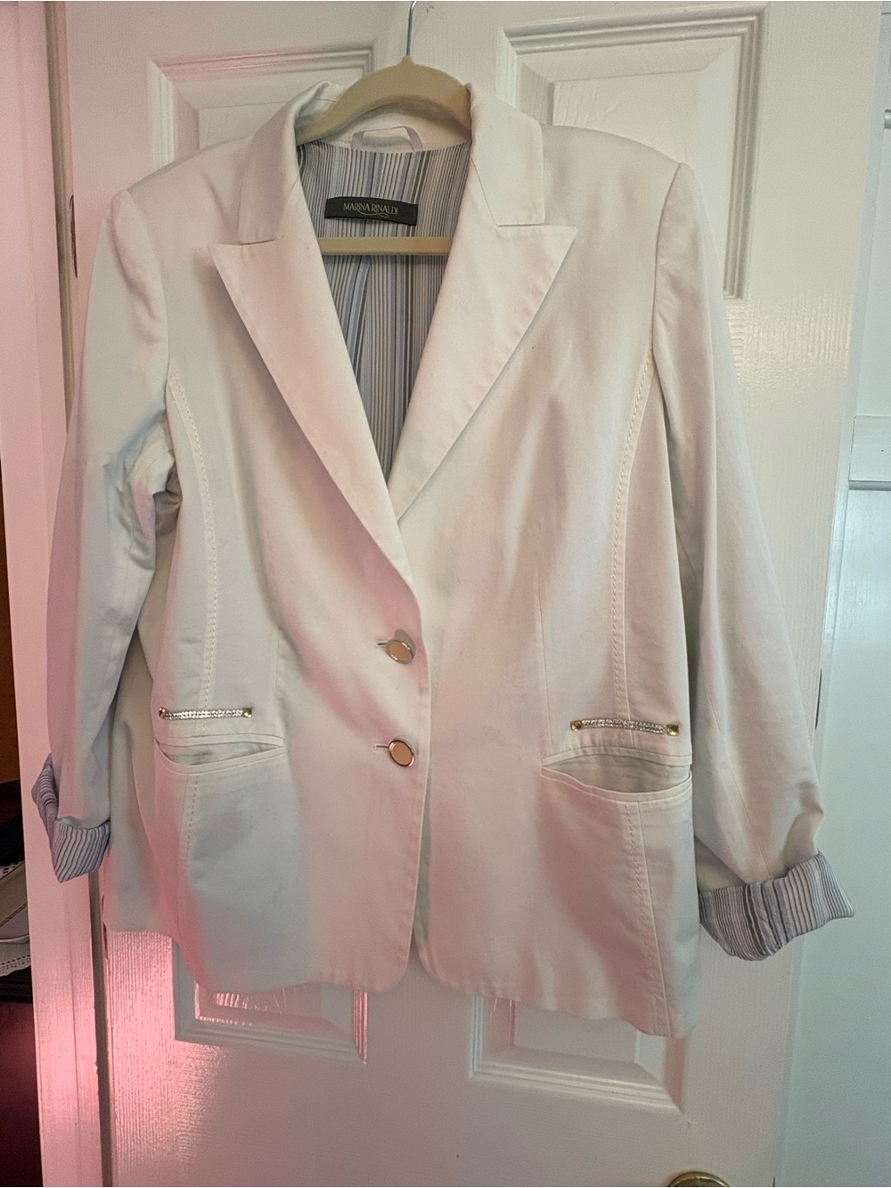 Marina Rinaldi Cream Blazer with Gold Buttons and Jeweled Trim
